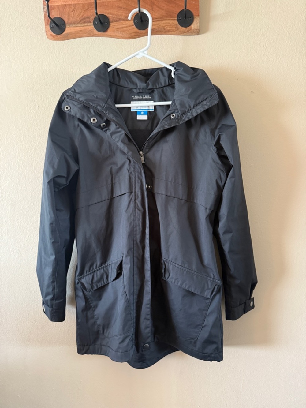 Columbia Omni-Tech Waterproof Rain Jacket Black Mid-Length Hooded Parka Size S